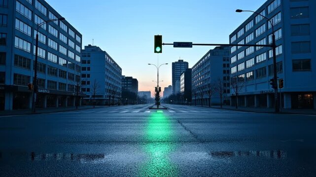 Empty city street with traffic lights changing at dawn.