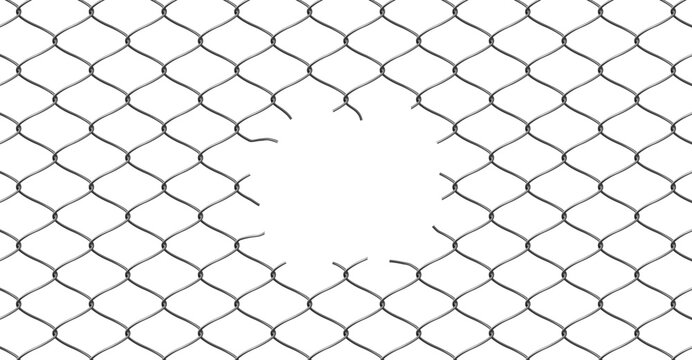 Broken wire net fence vector realistic illustration, steel chain link fence mesh with torn metal, damaged barrier hole