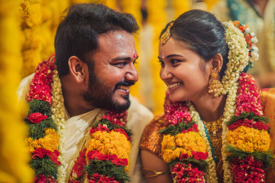 Bride and groom smiling while holding flower garlands during varmala ceremony, colorful marigold flowers visible, arranged in minimal aesthetic