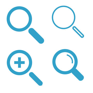 Magnifying glass icon. Set of four simple blue magnifier isolated on transparent background. 