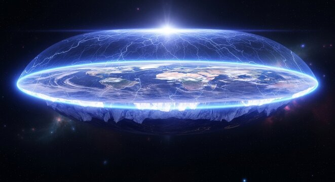 Flat Earth Model Protected by Energy Dome in Cosmic Space
