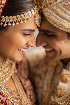 Joyful indian bride and groom smiling together with soft warm background bokeh, ultra-sharp focus and elegant wedding styling arranged in elegant aesthetic