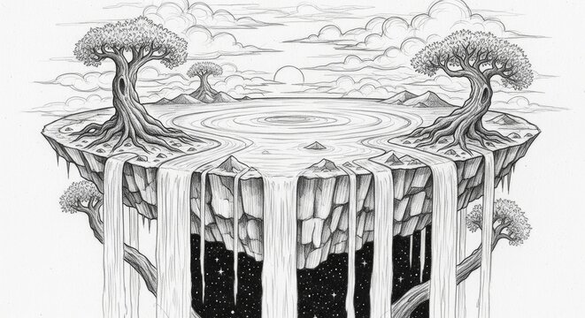 Fantasy Waterfall landscape illustration with cosmic undertones
