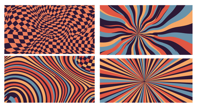 Set of four psychedelic groovy backgrounds with warped checkerboard patterns and radiating swirls in retro color palettes of orange and blue.