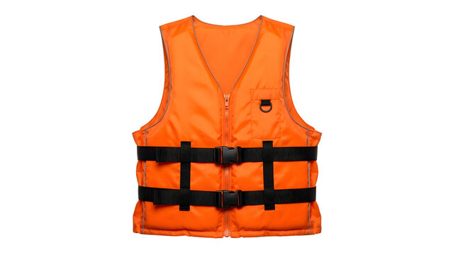 Orange life jacket with black straps isolated on transparent background