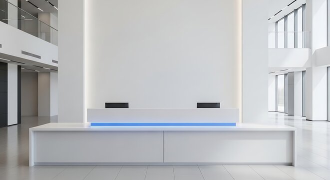 Modern white reception desk with blue LED lighting in a bright contemporary office lobby interior with large windows and architectural columns
