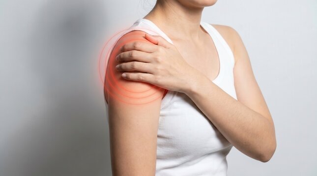 Shoulder pain and injury concept, woman touching joint with red inflammation circle. Orthopedic health problems, physical therapy and chronic muscle strain relief.
