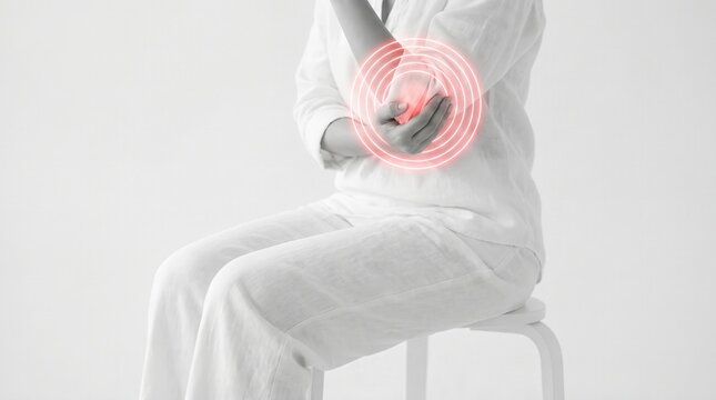Elbow pain and joint inflammation concept with woman holding arm. Medical treatment for arthritis, tendonitis and chronic muscle ache.