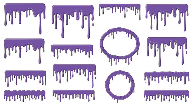 Collection of purple paint or liquid drips in various shapes like borders circles and rectangles for creative artistic projects and designs.