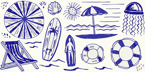 hand drawn beach elements including surfboard umbrella jellyfish and lifeguard ring high quality professional detailed © Dayal
