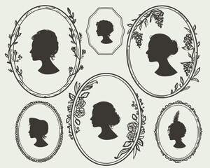 Fototapeta na wymiar Set of Regency Era Ladies Profile Portraits Vector 