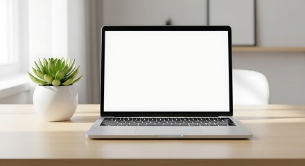 Fototapeta premium Modern laptop with blank screen and green succulent plant on a wooden desk, bright natural light, clean workspace concept