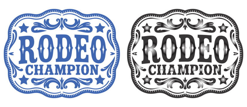ornate classic rodeo champion cowboy style buckle medal typographic tag emblem, label design, luxurious cowgirl bull rider gold silver medal emblem engraving vector design