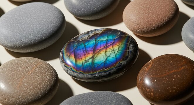 Close-up of a collection of smooth polished stones with a vibrant iridescent labradorite stone in the center.