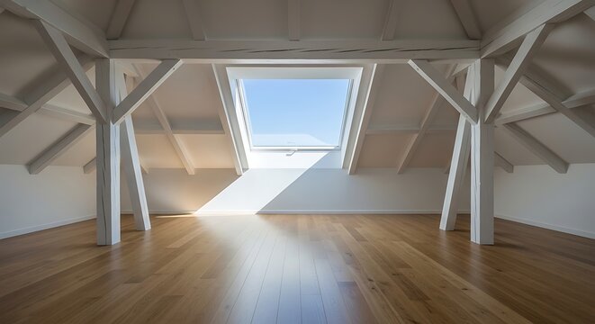 Bright empty attic room with wooden floor and skylight window showing blue sky and white clouds, architectural interior space