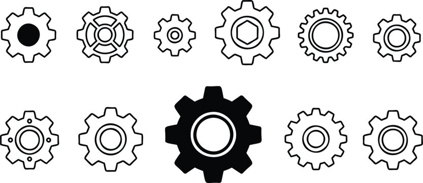 Gear icon set. Mechanism concept. Pinions collection. Cogwheels, signs. Clockwork. Transmission, engine symbol.