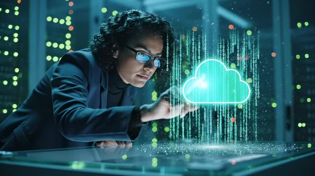 Woman interacts with cloud computing hologram displaying binary code matrix in server room with data visualization. Professional touches cloud icon with digital data stream. IT specialist manages clou