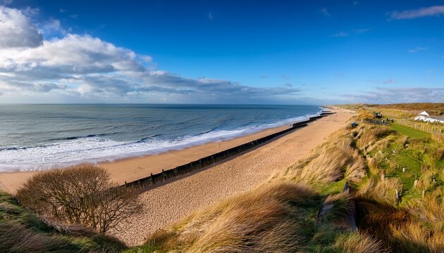 Beach In Whitstable Tankerton On A Sunny Day In October The Sea And Sky Are A Vibrant Blue Water Breaker Groynes Are Along The Beach Winter Grasses Are Growing On The Slope Down To The Beach