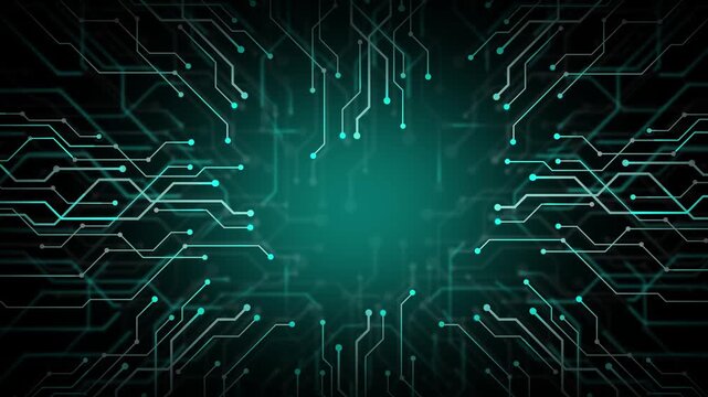 Teal cyan circuit board seamless loop background, glowing blue tech lines animation, ai neural network data flow, cybersecurity blockchain processing, futuristic technology corporate intro