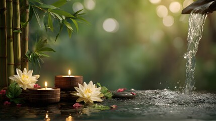 Lamas personalizadas con paisajes con tu foto peaceful spa scene with bamboo and tea candles. Perfect for wellness, meditation, and relaxation concepts. Creates a calm, zen-like atmosphere for any brand.