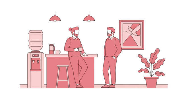Two men talking in office breakroom with water cooler