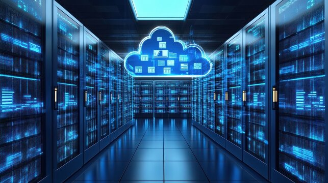 Futuristic Data Center with Glowing Cloud Computing Icon