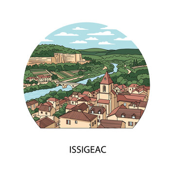 Hand-Drawn Illustration of Issigeac Village in France
