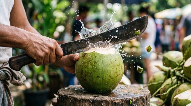 Man using sharp machete to open fresh green coconut on wooden stump.