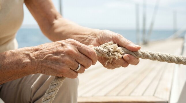 Hands of a senior woman pulling a frayed nautical rope on a sailboat. Active retirement, maritime travel and nautical adventure lifestyle.