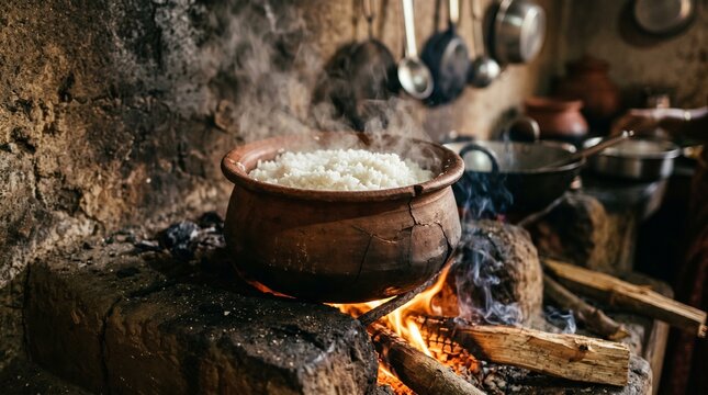 Rice cooking in a clay pot over an open fire in a rustic kitchen.