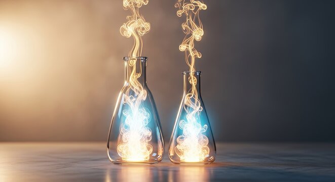 Elegant glass flacons filled with glowing ethereal light and golden vapor rest on marble amidst a soft haze of luxury and timelessness, sophisticated, luxury, elegant