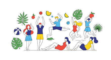 Naklejka premium Group of energetic people in swimwear having fun with summer beach activities like jumping swimming and playing with balls in the sun.