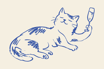 Obraz premium Cat with champagne glass naive sketch vector illustration