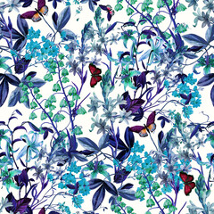 Blue Garden, Decorative seamless pattern. Repeating background. Tileable wallpaper print. © MalyskaStudio