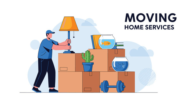 Professional mover carrying a lamp while standing next to a stack of cardboard boxes filled with books plants and various home items.