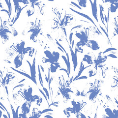 Fototapeta premium Painted Blue Flowers, Decorative seamless pattern. Repeating background. Tileable wallpaper print.