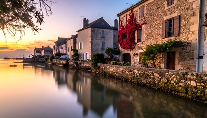 Fototapeta premium A serene waterfront village at sunset with stone buildings