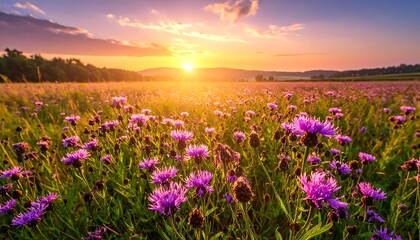 Naklejka premium A serene field of purple flowers during sunset