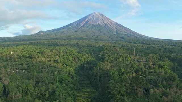 Aerial view flying towards mount semeru volcano in java