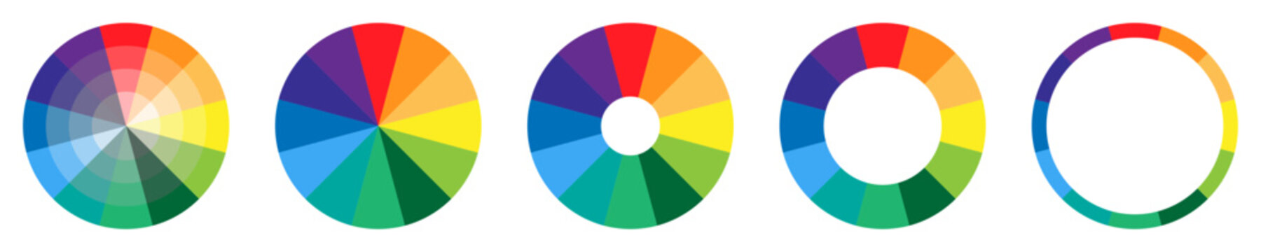 Vector set of color palette wheel. RGB and CYMK colors are divided into several sectors.