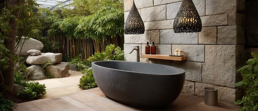 Luxury outdoor pool with greenery background, relaxation concept, resort lifestyle, modern design, vacation atmosphere.