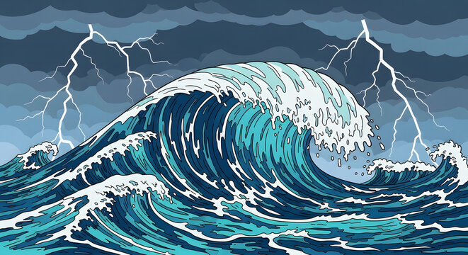 A colossal ocean wave surges with immense power under a dark, stormy sky, illuminated by vivid lightning bolts, depicting the dramatic energy and formidable force of a powerful tempest