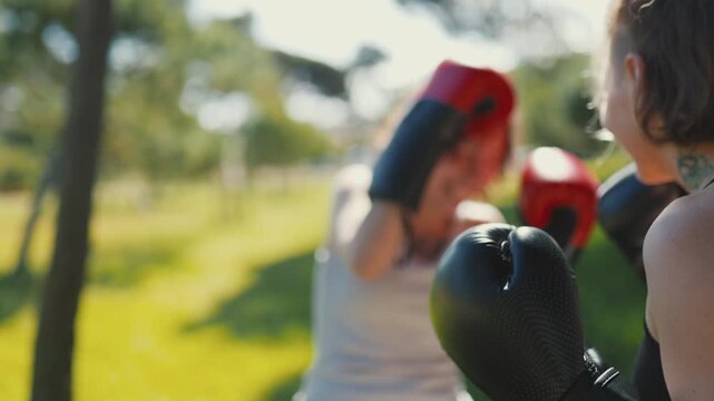 Women fighters sparring and boxing in the park