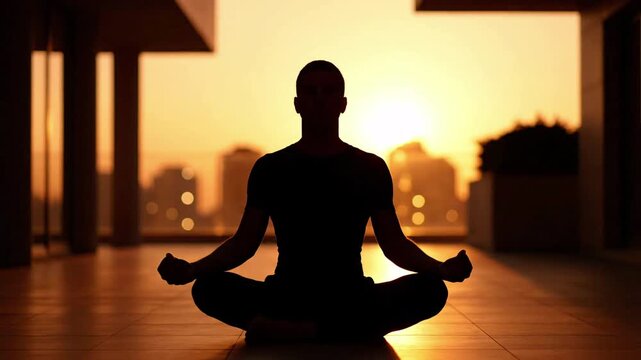 Silhouette of a person meditating in lotus pose on a balcony at sunrise, calm atmosphere, city skyline background