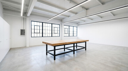 Fototapeta premium Spacious Modern Loft Interior with Wooden Table and Windows