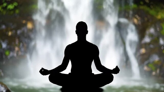 Silhouette of a person meditating in a lotus pose in front of a lush waterfall, symbolizing peace and nature