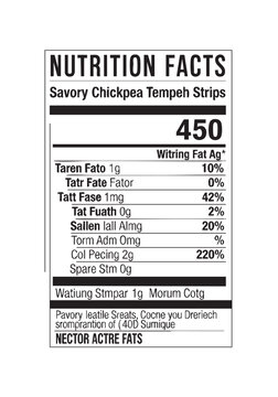 Nutrition facts label for savory chickpea tempeh strips ingredient information is displayed clearly. nutrition facts label vector easy editable template