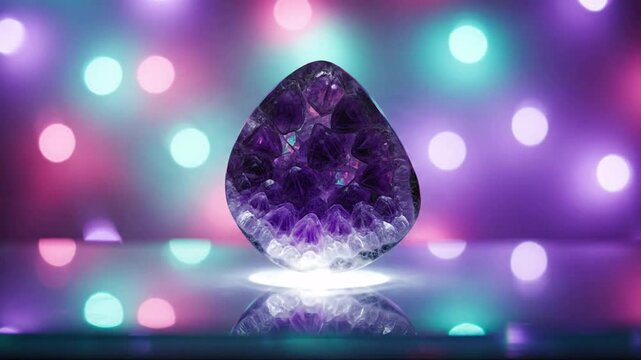 Close up of a large, faceted amethyst geode with glowing purple crystals, set against a bokeh background of purple, pink, and teal lights, creating a magical and luxurious atmosphere