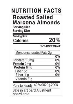 Detailed nutrition facts label of roasted salted marcona almonds. nutrition facts label vector easy editable template