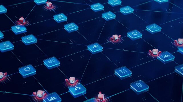 3D Animation: Zoom out Shot of Network of Cute Red AI Agents Executing Various Tasks, Doing Research and Performing Process Automation. Agentic AI Platform Where Autonomous Agents Working Together